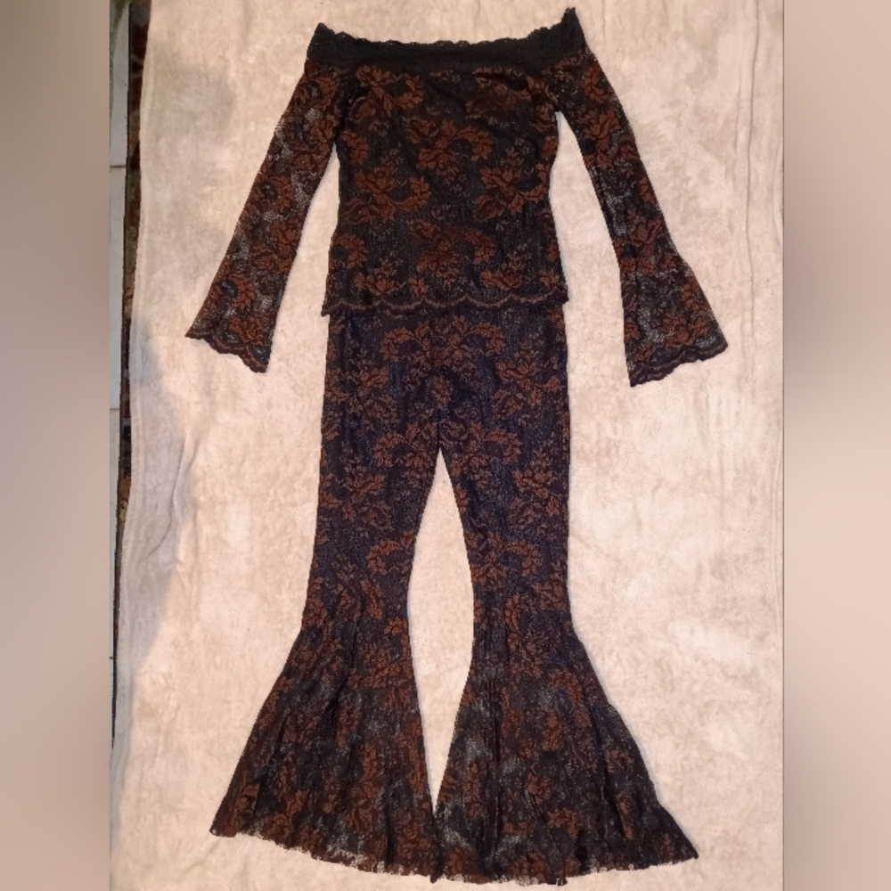 Vintage Casadei Set  Black  Brown Lace Off-Shoulder Top & Flared Pants Sz S - Picture 2 of 15